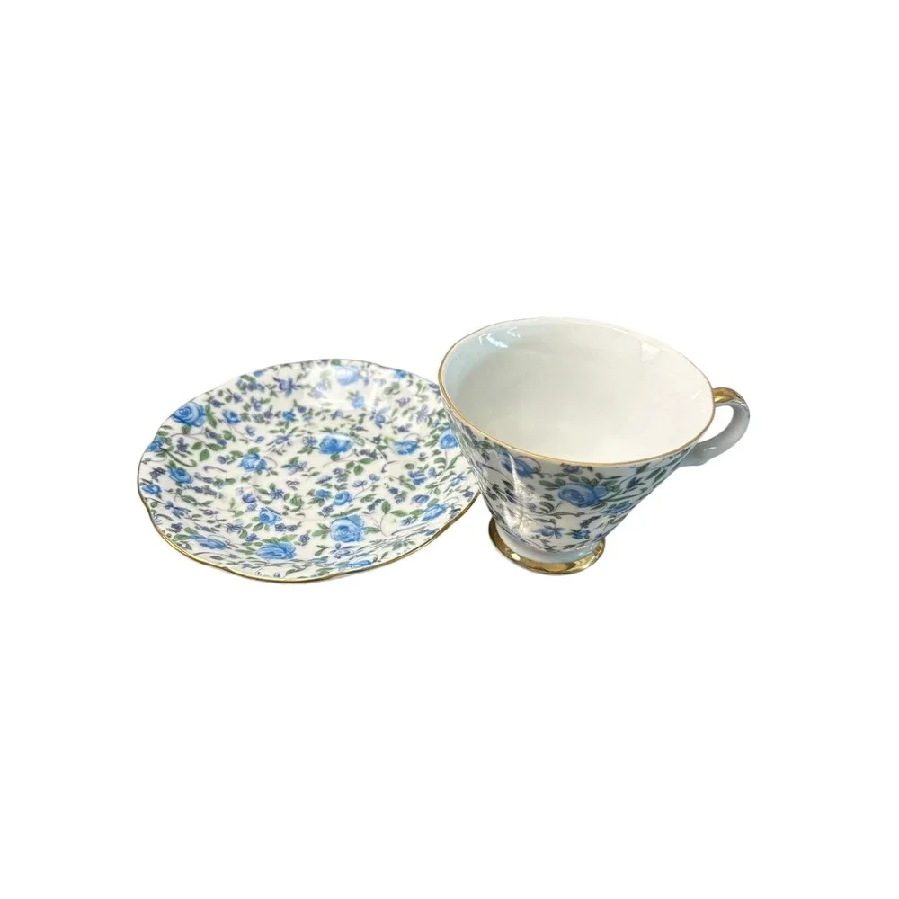 Vintage Lefton China Blue Chintz Floral Teacup & Saucer Set Gold Trim